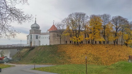 Obraz premium On top of the hill rises a castle with stone towers, tiled roofs and a metal dome. A bridge with a metal fence leads to the gate. Nearby are trees with yellow autumn foliage. Cloudy weather
