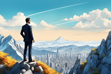 Business man on the top of mountain at midday with city view