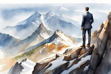  Businessman on top of mountain .