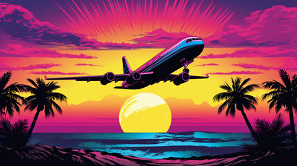 Highly Detailed 1990s Style Bling Neon Lighting Pastel Goth Poster: Airplane Flying Over Mexican Beach at Rainbow Sunset