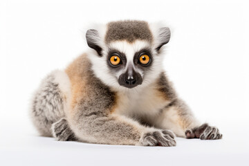 a lemur sitting on the ground with its eyes open