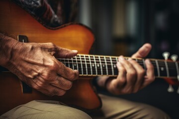 Obraz premium Talented unrecognizable male artist Caucasian musician teacher close up male hands playing guitar fingers touching strings chords notes musical performance concert instrumental music sound bassist guy