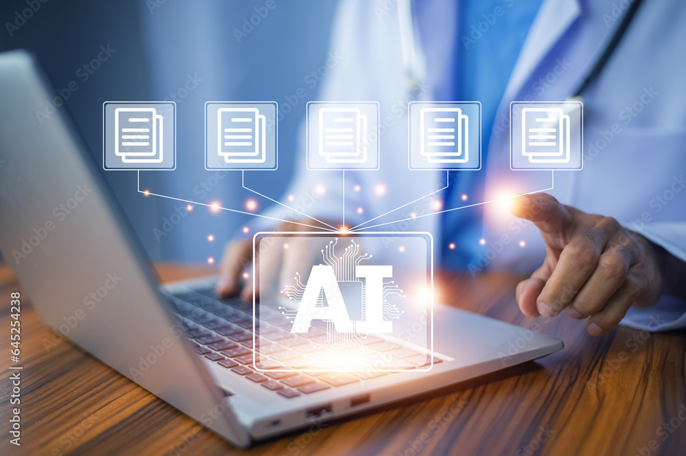 Poster doctor ai, artificial intelligence in modern medical technology and iot automation. doctor using ai 