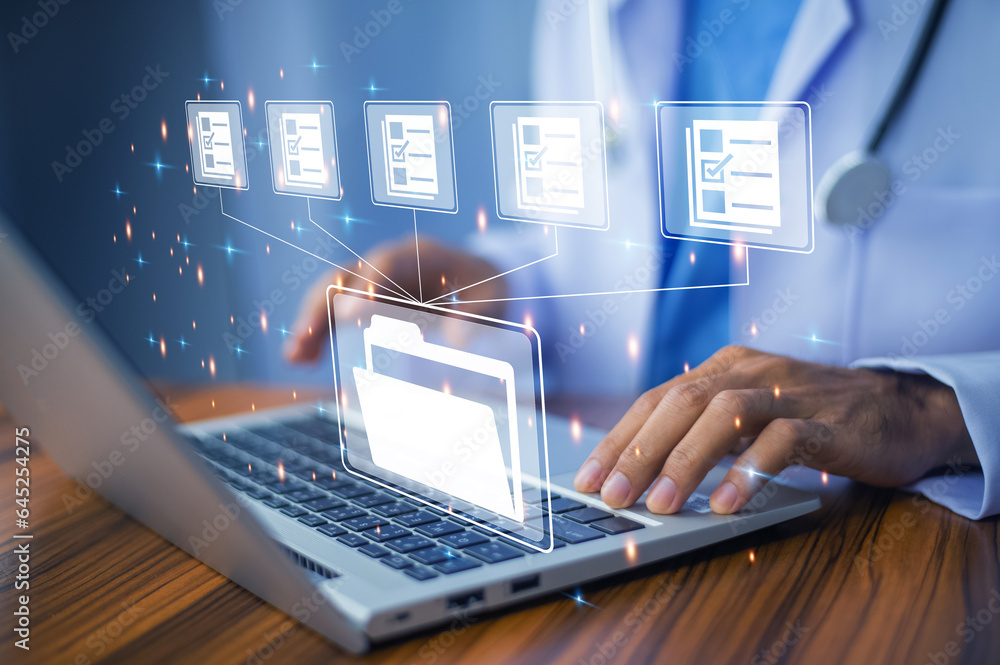 Poster doctor document management system dms folder, file data management or data transfer backup technolog