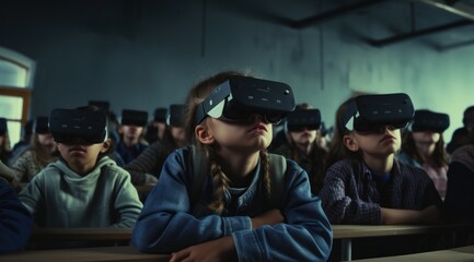 Obraz premium A group of people wearing futuristic virtual reality goggles, their clothing and hats a colorful reminder of the strange multiverse they are about to explore, stand in a room filled with walls that h