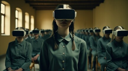 A woman wearing futuristic virtual reality goggles stands in a dystopian multiverse, her uniform-clad body blending in with the stark wall behind her