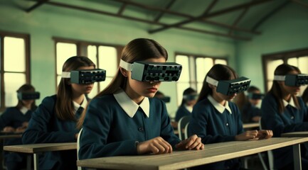A group of futuristic students stand inside a school, their virtual reality goggles contrasting against the stark walls, while they explore the multiverse and open up new possibilities