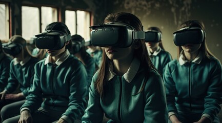 Fototapeta premium A group of people wearing advanced virtual reality goggles are lost in a dystopian science fiction future, exploring a vast multiverse of unfamiliar clothing and people, captured in a single moment b