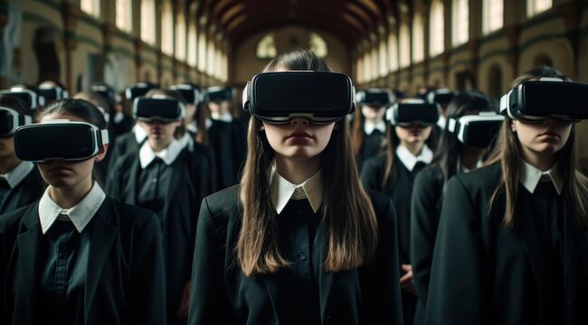 A group of diverse people wearing virtual reality goggles stands together, looking into a future of infinite possibilities and smiling with anticipation
