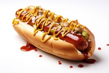 Delicious hot dog with ketchup, mustard and assorted toppings, isolated on white background