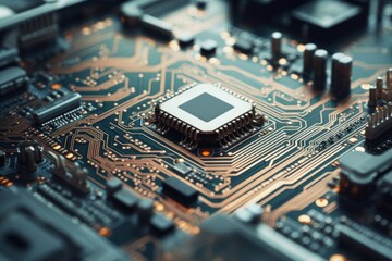Fototapeta premium A close-up shot of motherboard components printed on a green circuit board with intricate soldering capture the technological advance in computing and progress in microchip development.