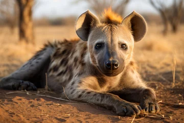 Fotobehang a hyena laying down in the dirt © illustrativeinfinity