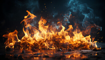 Fire blaze flames on black background. Fire burn flame abstract texture. Flaming explosion effect with burning fire. Generative AI