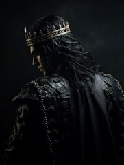 back pose of a handsome Gothic king in a crown Ai generative