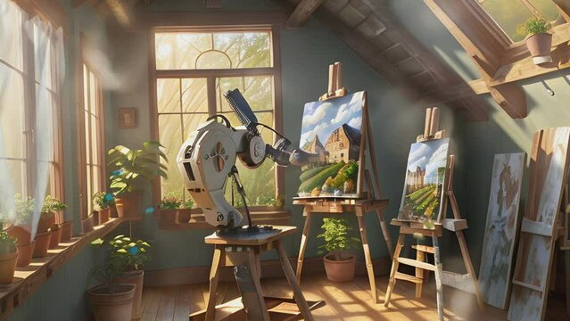 robotic arm machine with artificial intelligence that draws paintings on a canvas. Cartoon or anime illustration style. seamless looping 4K time-lapse virtual video animation background.