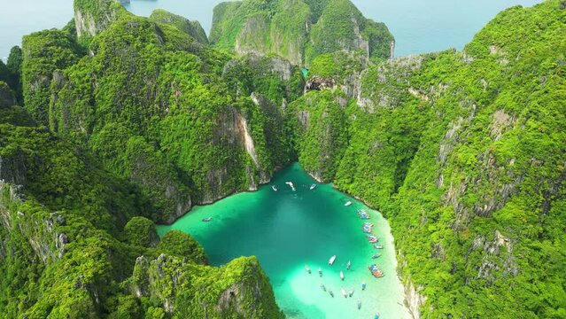 Diving lagoon of Pi Leh in Phi Phi islands, aerial drone view
