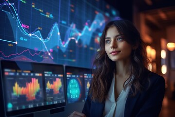Portrait of businesswoman looking at camera while standing in front of computer monitor with stock market chart.Generative Ai