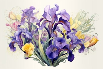 Illustration of iris flower with floral design. Generative AI
