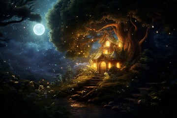 Obraz na płótnie Canvas Ethereal mystical dwelling amidst enchanted woods under a massive moon. A magical aura prevails. Generative AI