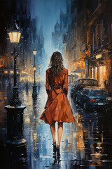 Young beautiful woman in red coat walking on the street. Watercolor painting