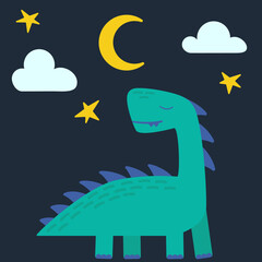 DINO BABY MOON Hand Drawn Flat Design Grunge Style Cartoon Prehistoric Animal Moon Vector Illustration Apparel Print
