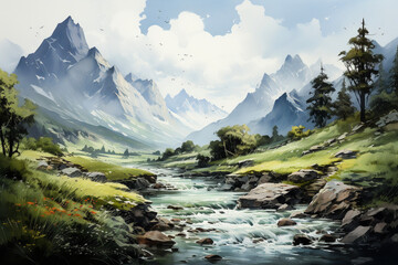 Fototapeta na wymiar Beautiful mountain landscape with river and forest. Watercolor painting illustration.