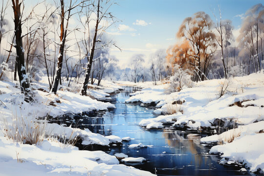 Winter landscape with snow covered trees and a stream. Digital painting.