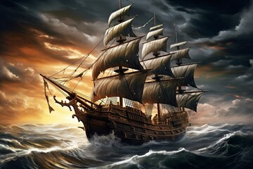 Illustration of a pirate ship on a cloudy sea with stormy sky and distant horizon. Generative AI - obrazy, fototapety, plakaty