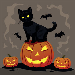 Black cat sits on a pumpkin lantern. Halloween vector illustration in flat style. Background with bats and pumpkins lanterns