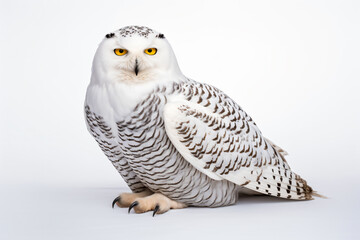 a white owl with yellow eyes sitting on a white surface