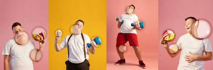 Creative collage. Overweight teen boy eating different junk food on multicolored background. Fast...