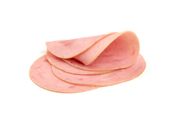 Cooked ham slices, isolated on a white background.