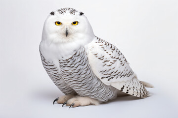 a white owl with yellow eyes sitting on a white surface