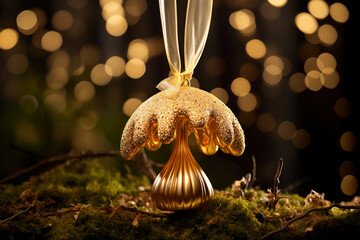 gold mushroom shaped Christmas ornament with moss, branches and golden bokeh in the background