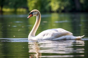 Fototapeta premium a swan swimming in a lake with a green background