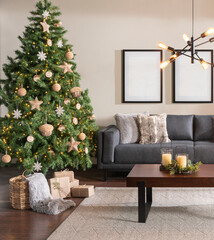 warm living room with decorated artificial christmas tree, sofa and decorations, Blank photo frames hanging on the wall mock-up
