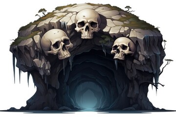 Cartoon cave with skull on white background