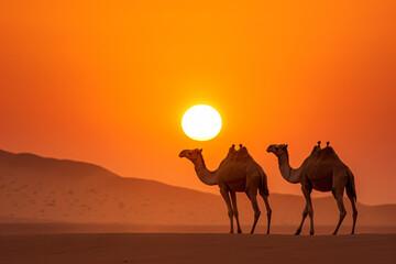 two camels walking in the desert at sunset
