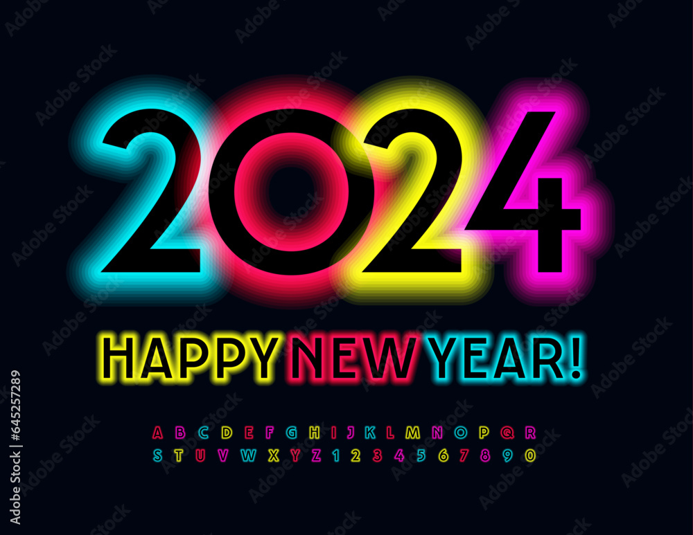 Poster vector bright greeting card happy new year 2024! colorful glowing font. modern illuminated alphabet 