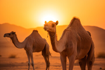 two camels standing in the desert at sunset