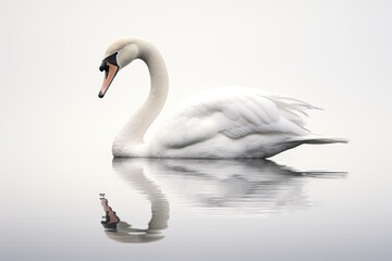 Beautiful white swan swimming on water with reflection in thick fog on the lake