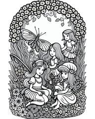 coloring page of the group of fairies flitting about among the flowers