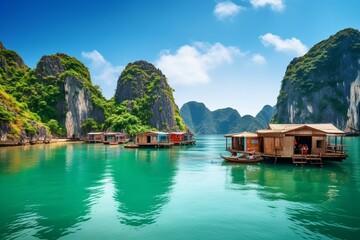 Fototapeta na wymiar Scenic fishing village and rocky island in Vietnam's Halong Bay, a UNESCO World Heritage Site. Boat cruise to Ha Long Bay. Popular landmark and famous destination. Generative AI