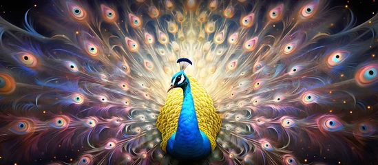 Fotobehang Panorama  of peacock with feathers out.AI generated. © RZ