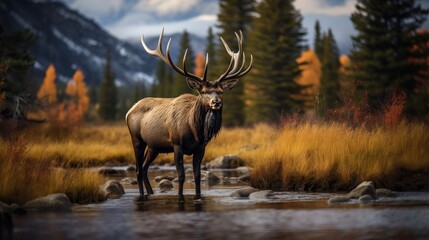 A breathtaking shot of a an elk his natural habitat, showcasing his majestic beauty and strength.