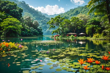 The lush and vibrant jungle filled with towering trees, colorful 