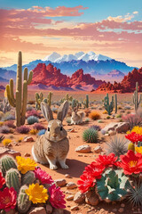 Desert landscape with flowering cactuses rabbit