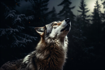 a wolf is looking up at the moon