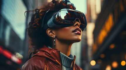Black scin woman is wearing a VR on the street