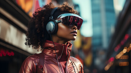 Black scin woman is wearing a VR on the street